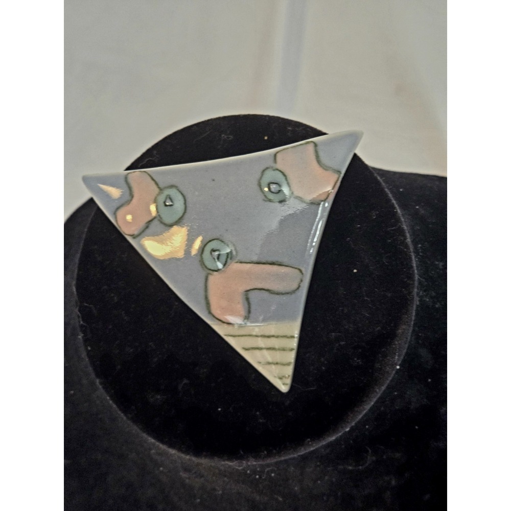 Vintage Triangle Ceramic Enamel Brooch Pin Abstract Design Blue Pink White Green